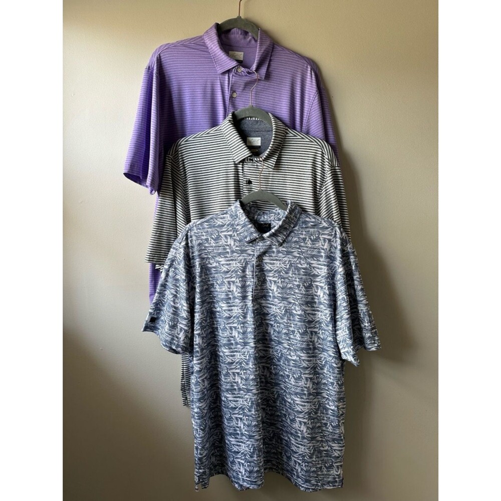 Greg Norman 3 pc Men’s Golf Polo Lot Blue and Purple Striped Tropical Size L